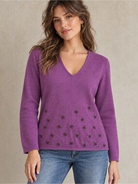 Woolmark Sweater embroidered and beaded detail XL Purple